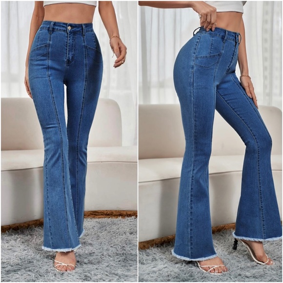 Medium Wash Blue Frayed Hem Wide leg Fitted Denim Jeans - Picture 7 of 9